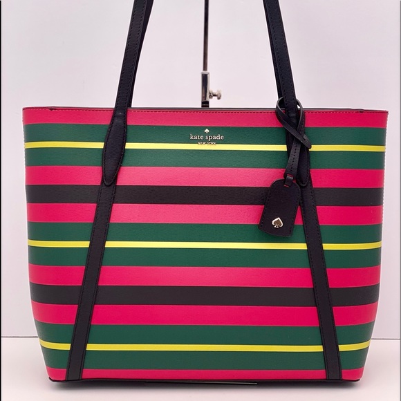 kate spade Handbags - Kate Spade Cara Large Top Zip Tote Bag Wrapping Paper Stripe Pink Black …